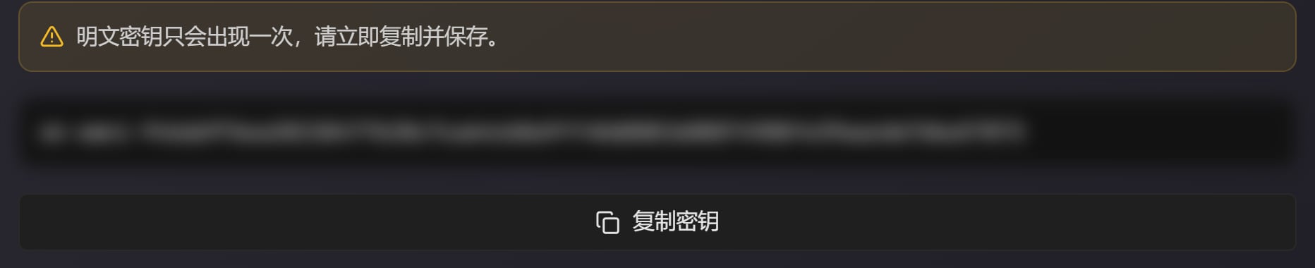 密钥建好后：明文密钥只会出现一次的提示、打码的密钥、复制密钥按钮