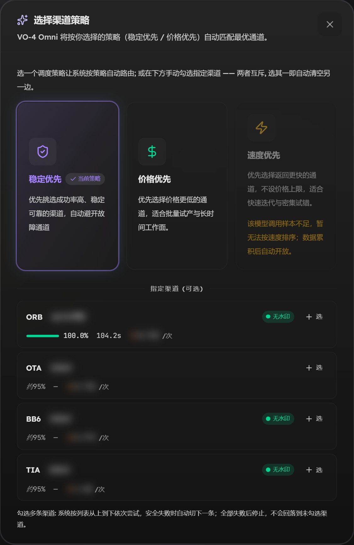 「选择渠道策略」弹窗：上面三种调度方式，下面四个可以指定的渠道