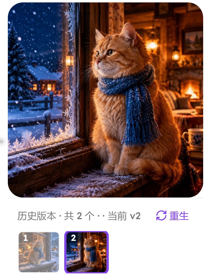 蓝围巾橘猫图片下方的历史版本一行，写着共 2 个、当前 v2，下面是两张带编号的缩略图