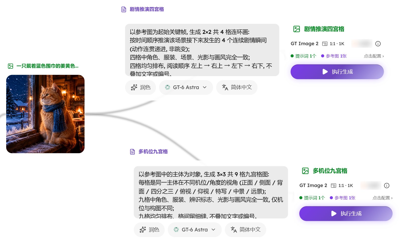蓝围巾橘猫图片连出两对卡片：剧情推演四宫格描述卡和生成卡、多机位九宫格描述卡和生成卡，生成卡上都写着参考图 1张