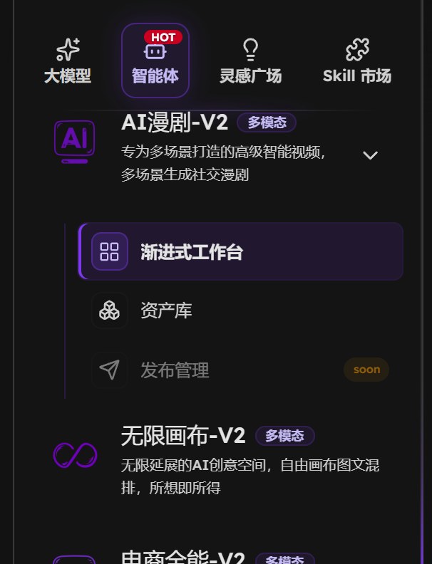 左侧栏顶部的四个分类，智能体那一格是选中的，下面列表里有无限画布-V2