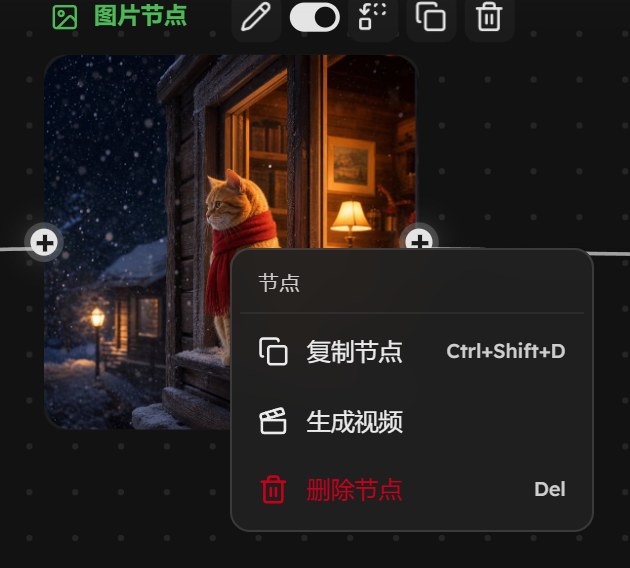 在生成好的图片上点右键，菜单里有复制节点、生成视频、删除节点