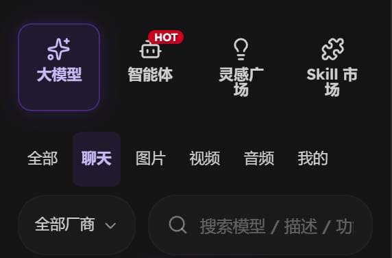 左侧栏的大模型分组，下方一排筛选项里的「聊天」
