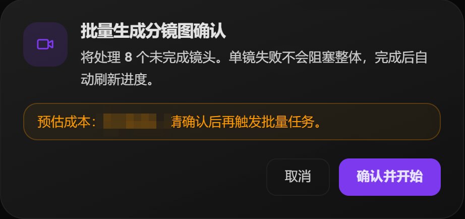 批量生成分镜图确认框：将处理几个镜头，写着预估成本，下面是取消和确认并开始