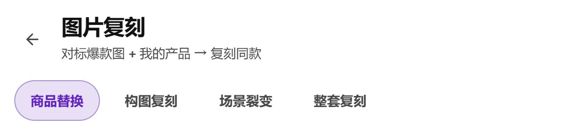 图片复刻页面顶部：四个页签 商品替换、构图复刻、场景裂变、整套复刻，商品替换选中