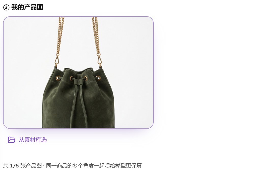 我的产品图区域：已上传一只墨绿水桶包的白底图，下方写着共 1/5 张产品图，同一商品的多个角度一起喂给模型更保真