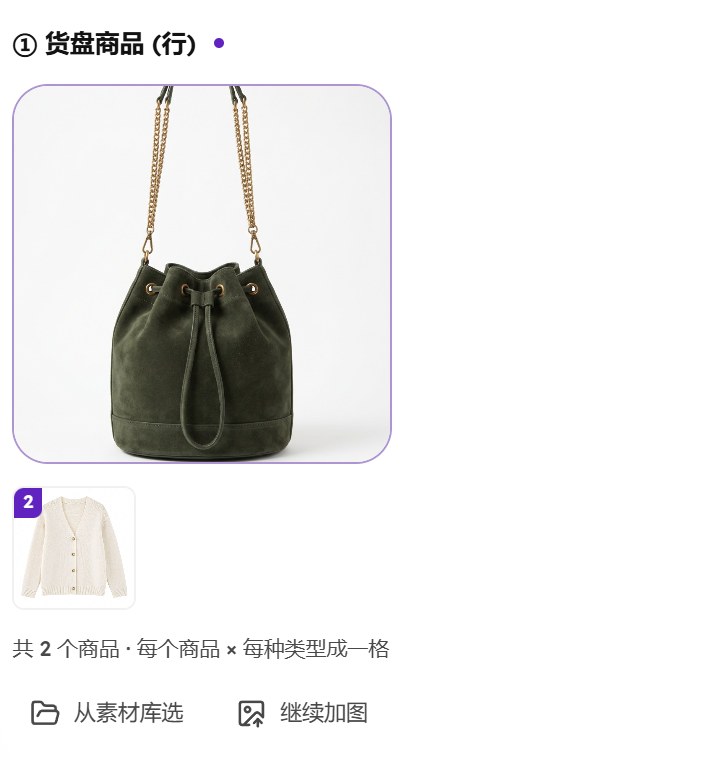 货盘商品区域：第一件墨绿水桶包是大图，第二件米白开衫是小图，下面写着共 2 个商品，按钮从素材库选和继续加图