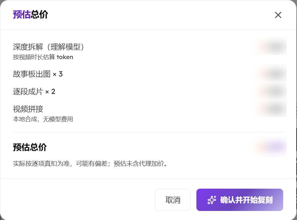 预估总价弹窗：深度拆解、故事板出图、逐段成片、视频拼接四项和预估总价（金额已打码），底部取消和确认并开始复刻