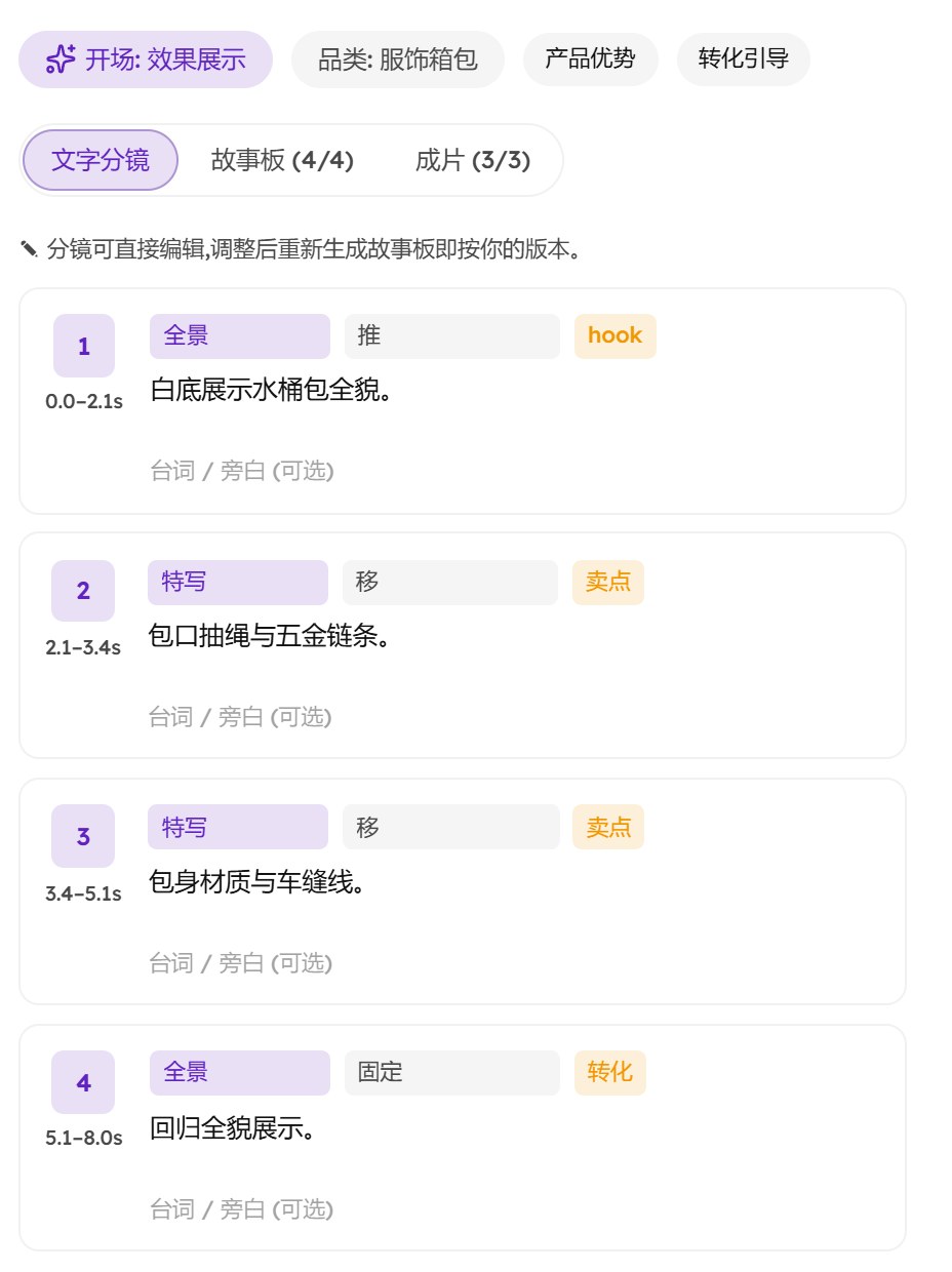 文字分镜：4 镜，第 1 镜 0.0–2.1s 全景、推、hook，白底展示水桶包全貌；下面是特写卖点和全景转化