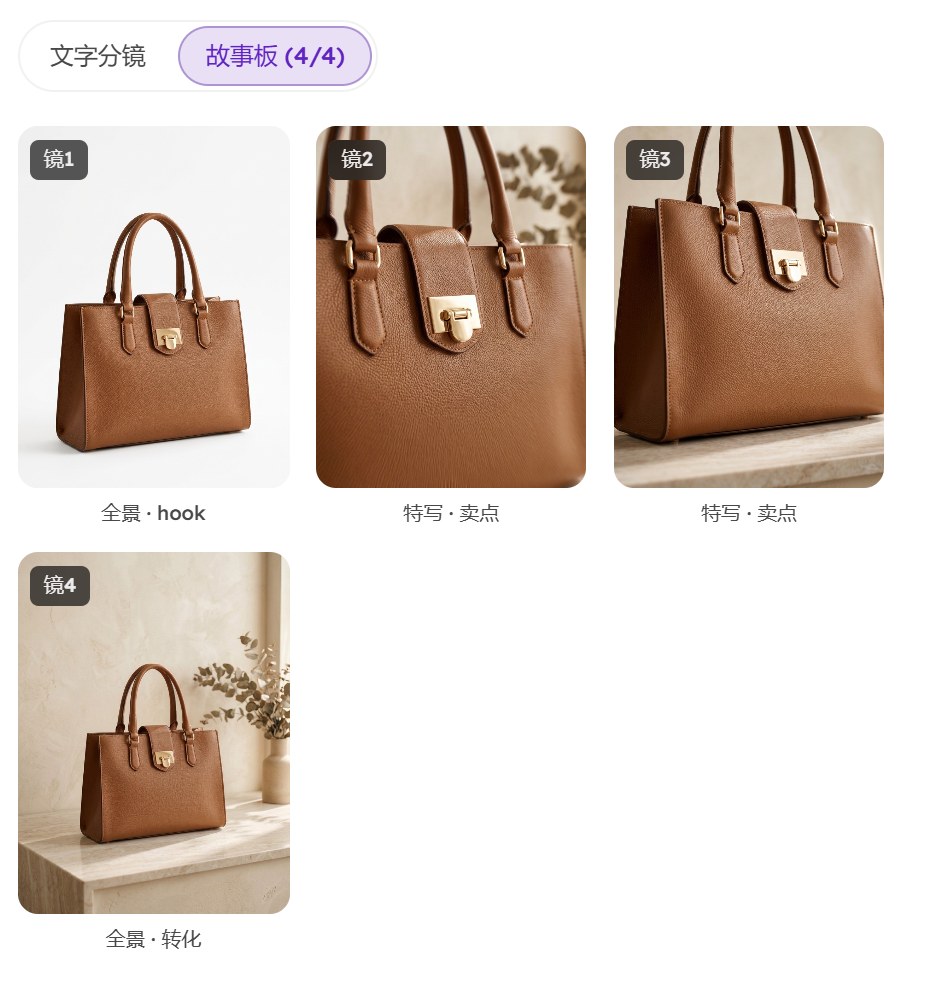 故事板 4/4：4 张图，都是棕色托特包，分别是全景 hook、特写卖点、特写卖点、全景转化