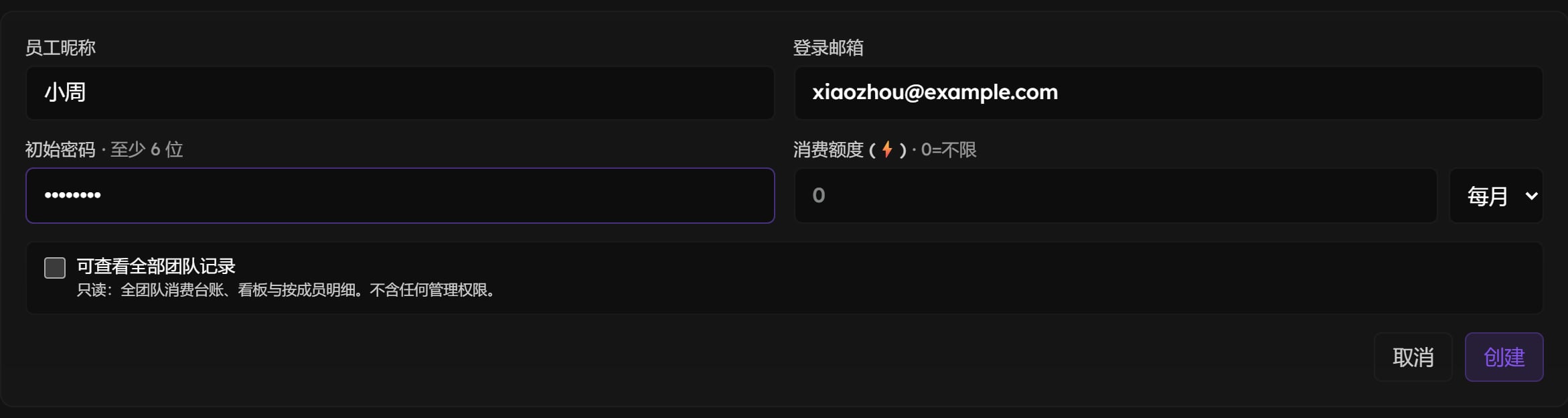 添加成员表单：员工昵称、登录邮箱、初始密码、消费额度和周期、可查看全部团队记录，取消和创建按钮
